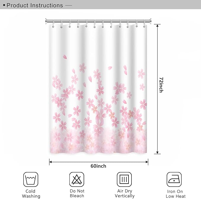 Pink Floral Bathroom Shower Curtain Cherry Blossom Dreamy Flowers Petal Shower with Hooks Polyester Waterproof Fabric Girly Home Decorative Bathtub, 60x72 Inch