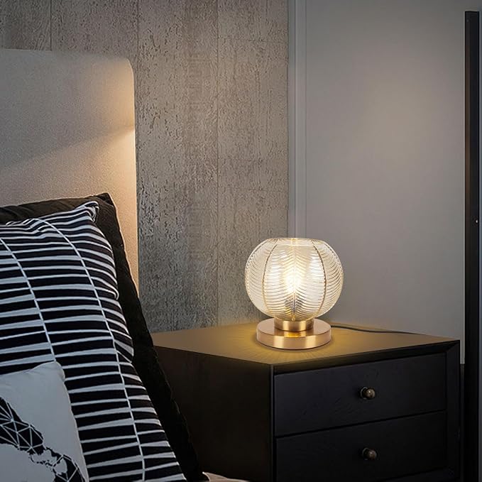 Modern Table lamp Gold Desk lamp with Amber Ribbed Glass Shade nightstand Lamps Small Table lamp Bedside Table lamp for Bedroom Living Room Office