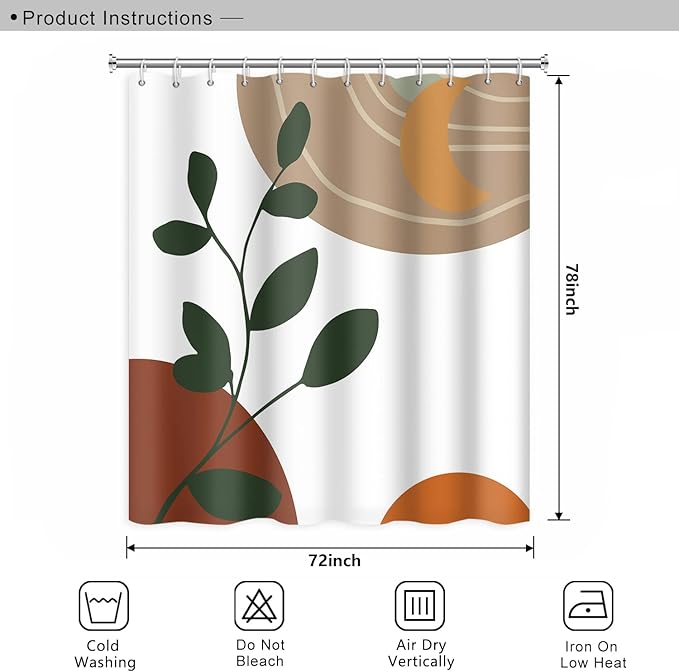 Abstract Boho Shower Curtain for Bathroom Moon Eucalyptus Leaves Waterproof Polyester Shower Curtains Modern Minimalist Artistic Aesthetic Shower Curtain with Hooks Decorative, 72x78 Inch