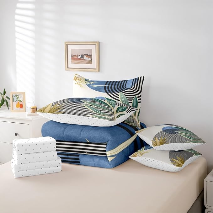 Erosebridal Mid Century Modern Bedding Sets Twin Modern Boho 7 Piece Comforter Set,Abstract Minimalist Art Bed in a Bag Arch Curve Leaves Aesthetic Sheet Set with Comforter,Blue Green