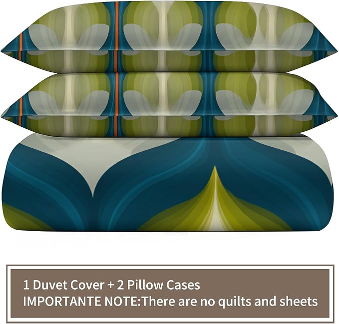 Mid Century Modern Duvet Cover Full Size, Groovy Abstract Retro Bedding Set 3 Piece, Blue Green Geometric Patterned Comforter Cover with Zipper Soft Microfiber, 2 Pillowcases