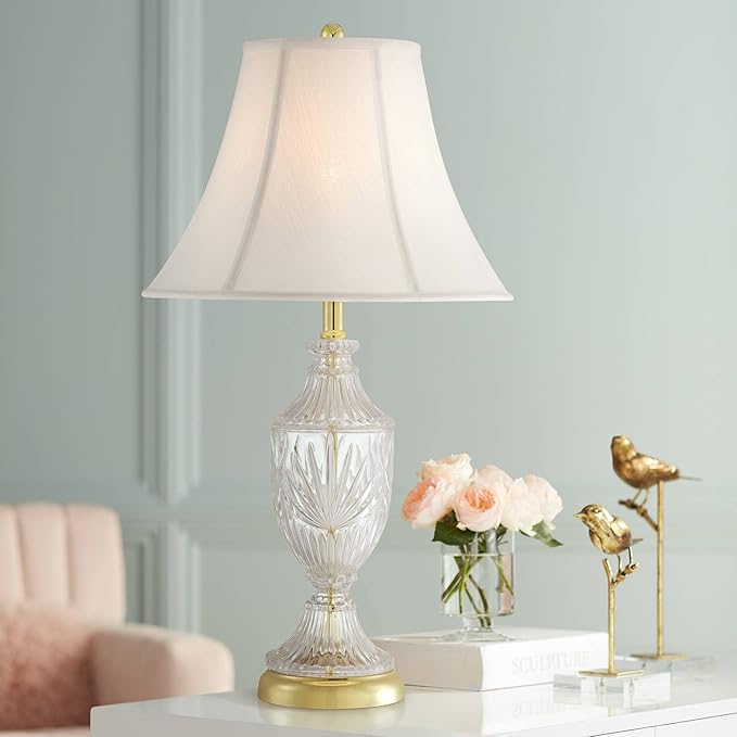 Regency Hill Traditional Glam Luxury Table Lamps 26.5" High Set of 2 Clear Glass Urn Brass Gold Metal White Cream Bell Shade Decor for Living Room Bedroom House Bedside Nightstand Home