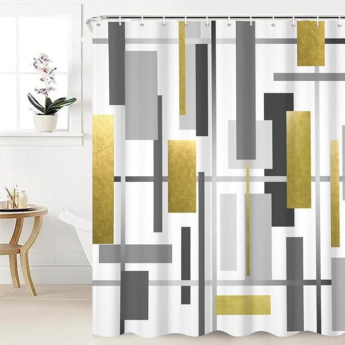 Abstract Geometric Shower Curtain Modern Gold and Grey Rectangle Space Pattern Design for Minimalist Bathroom Decor Accessories Shower Curtain Set with 8 Hooks, 48x72 Inches