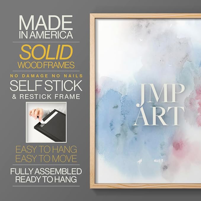 Renditions Gallery Set of 2 Peel & Stick Framed Prints, Watercolor Abstract Wall Art, Cotton Candy Splash Wall Decor, Re-Stickable - Ready to Hang - 8"x10" - NATURAL WOOD Frame LT588
