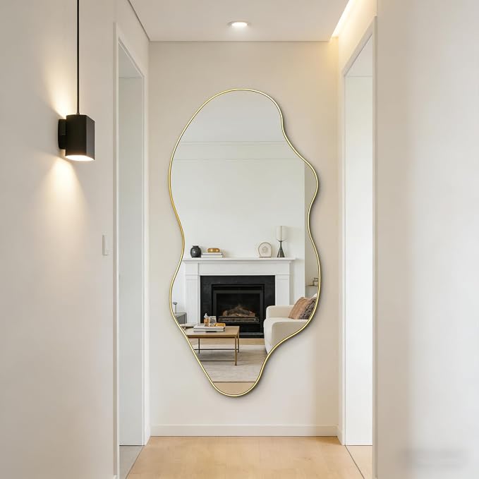 Large Irregular Mirror, 59"x30" Gold Asymmetrical Frameless Mirror Full Length, Organic Shape Wall Mirrors for Entryway Living Room Bedroom Hallway, Hangs Vertically or Horizontally