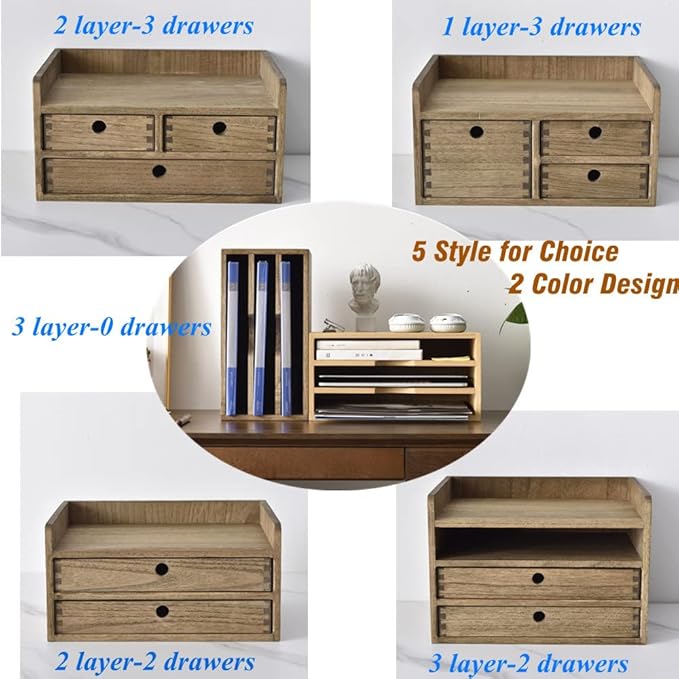 KIRIGEN Desk Organizer with Drawers - Wood Drawer Storage Box with Trays for Tabletop - Workspace Office Toiletries Supplies Tool Caddy - Wooden Storage Cabinet Dark Brown(DT2D3C-DBR)
