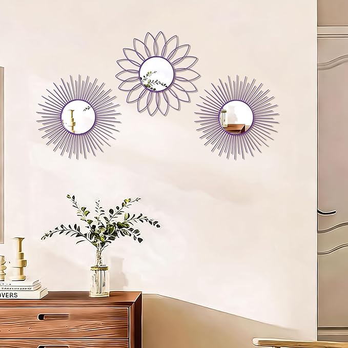 3 Pack Metal Mirrors for Wall Sunburst Wall Mirrors Home Décor Decorative Hanging Wall Art for Living Room Bedroom Entryway (Purple, Flower+Sunburst)