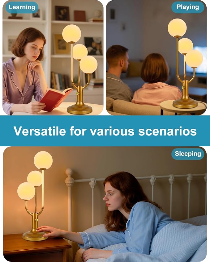 Modern Gold Globe Table Lamp Dimmable Mid Century 3-Light Desk Lamp 3000K Warmwhite Nightstand Lamp for Bedroom Bedside End Table(G9 Bulb Included)