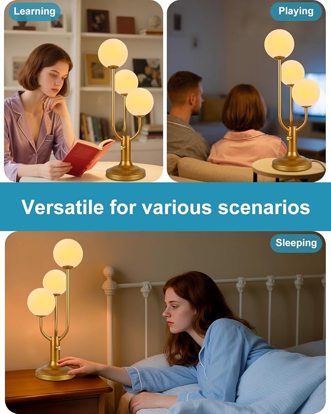 Lightdot Modern Gold Globe Table Lamp Dimmable Mid Century 3-Light Desk Lamp 3000K Warmwhite Nightstand Lamp for Bedroom Bedside End Table(G9 Bulb Included)
