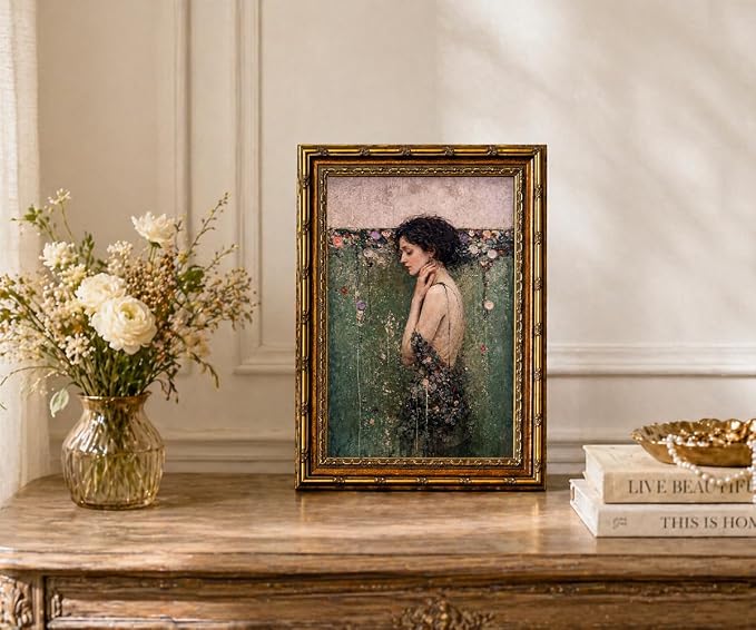 dzbLuck Vintage Ophelia Wall Art Print, Romantic Victorian Gothic Dark Academia Decor, Antique Female Portrait, Moody Floral Poster, Gold Frame 8x10 Inch