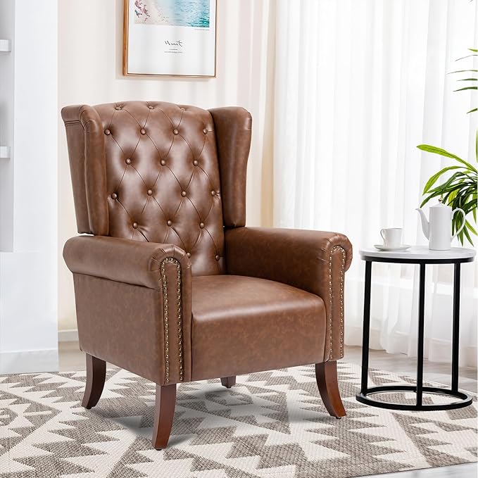 PU Leather Accent Chair Set of 2, Modern Upholstered Living Room Chair Sofa Chair with Wooden Legs, Wingback Armchair Club Chair for Bedroom,Study Room, Lounge (Brown)