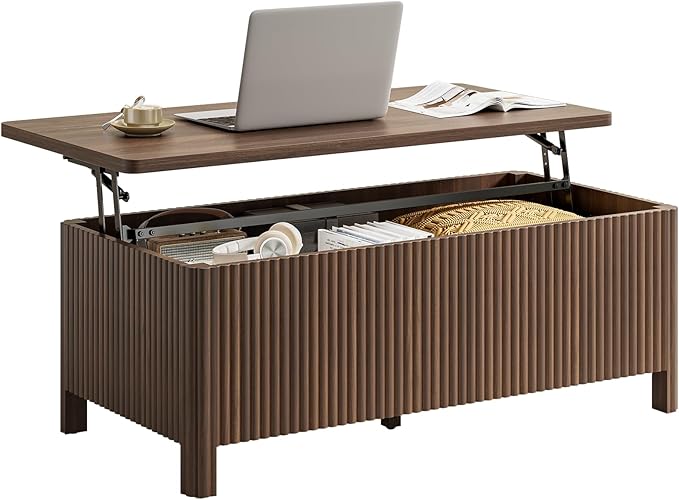 ONBRILL Fluted Lift Top Coffee Table with Storage, Mid Century Modern Coffee Table with Hidden Compartment, Rising Top Wood Center Table for Living Room, Home Office, Rounded Edges (Walnut)
