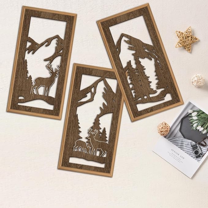 HPNIUB 3PCS Jungle Animals Wall Decor,Rustic Mountain Forest Wooden Sign for Living Room,Vintage Abstract Deer Pine Trees Hanging Wood Plaque Wall Art Nature Wall Sculpture for Home Office(8x16Inch)