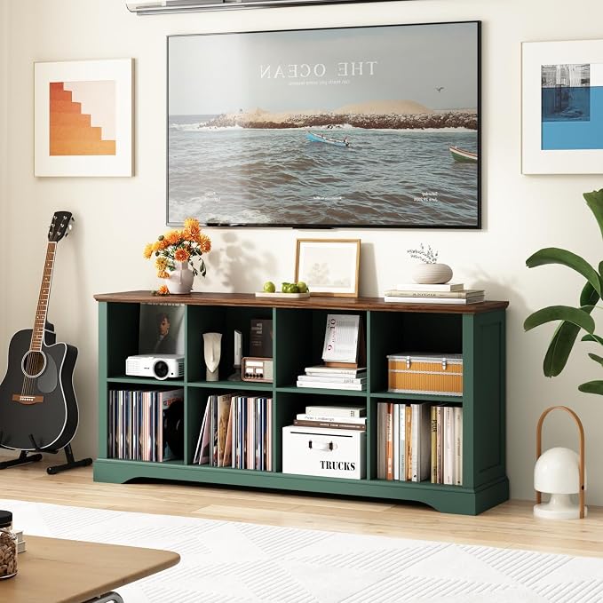 8 Cube Storage Organizer - 62" Long Farmhouse Wood Low Bookshelf, Horizontal Open Shelf Bookcase Cubby Storage Console Cabinet for Living Room, Entryway, Office, Green