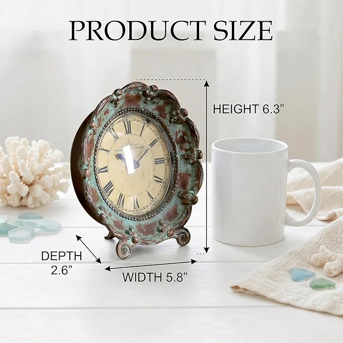 NIKKY HOME Table Top Clock, Vintage French Decorative Pewter Analog Desk Clock Battery Operated for Living Room Decor Shelf, Green