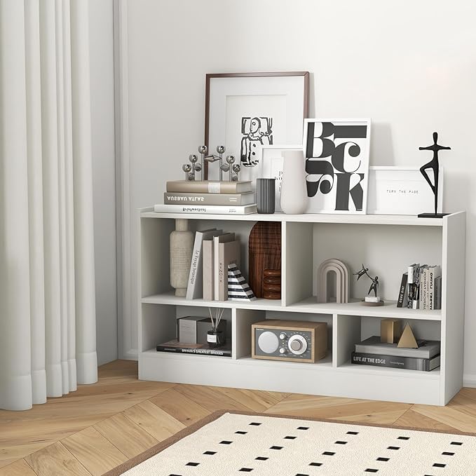DORTALA 2-Tier Bookcase, 5 Cube Wood Storage Cube Bookshelf, Floor Standing Display Storage Shelf with Non-Slip Foot Pads, Storage Organizer Bookcase for Home Office, Living Room (White)