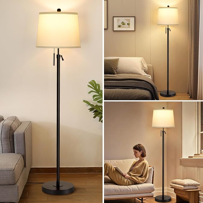 JUNNAI Black Floor Lamps for Living Room Adjustable Height Standing Lamp Modern Tall Pole Lamps for Bedroom Office with White Linen Shade 3 Color Temperature 9W LED Bulb Included