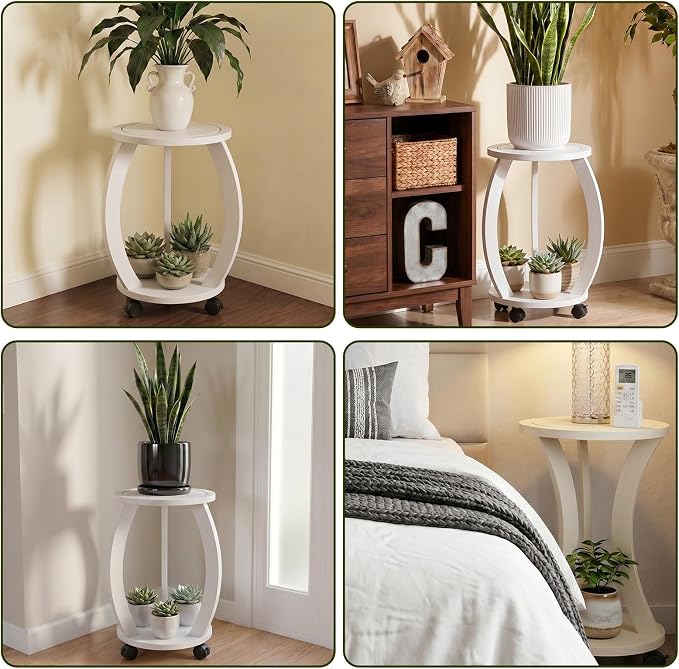 2 Tier Wooden Plant Stand Indoor with Wheels – Tall Plant Stand for 6-12 Inch Pots, Mid-Century Modern Rustic Plant Table Indoor, Pedestal Stand for Corner, Living Room, Balcony, White