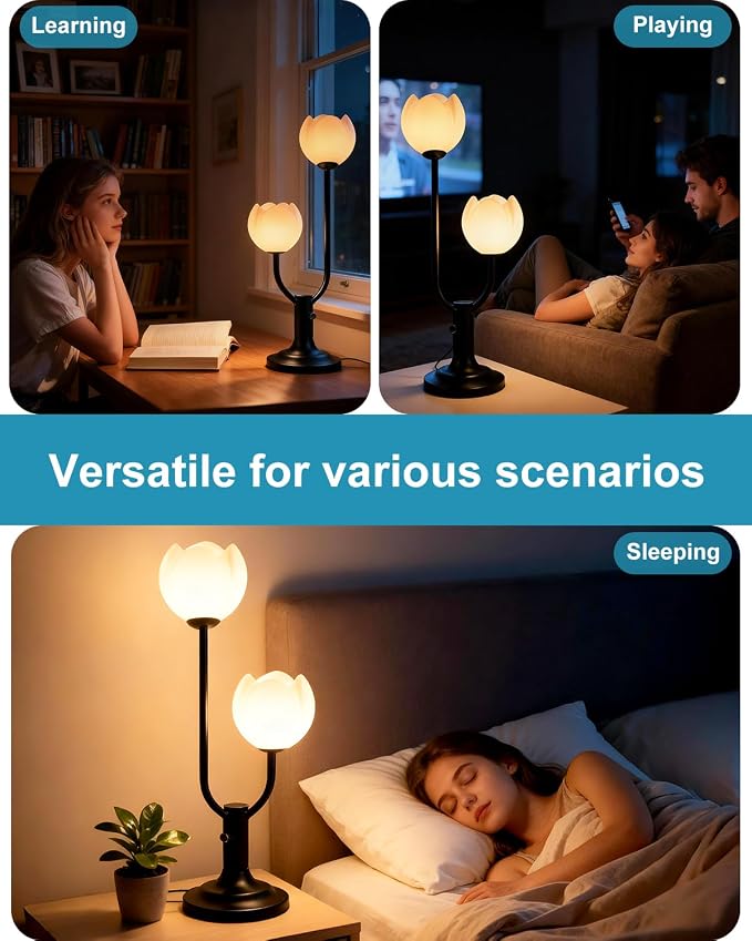 Lightdot Black Flower Table Lamp for Bedroom, 2 Floral Heads 3000K Warmwhite Dimmable Bedside Lamps with Plug, Mid Century Modern Small Desk Lamp for Living Room Nightstands Home Office