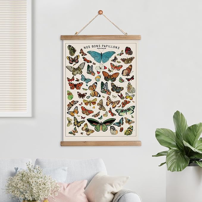 XIAOAIKA Vintage Butterfly Poster with Wooden Frame, Cottagecore Room Decor Aesthetic, Retro Style Wall Decor Art Painting for Nature Lovers, Classrooms, and Home Decor 16 x 23 Inches