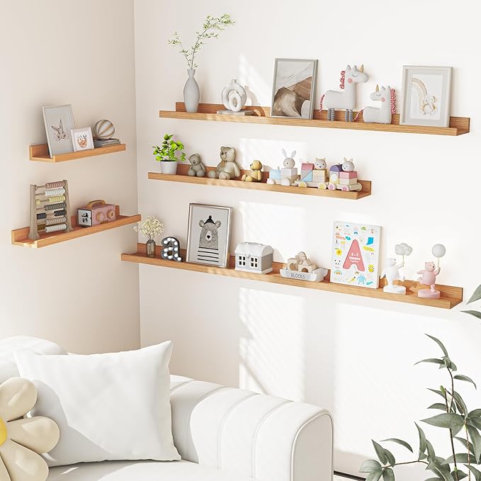 Heimlove Picture Ledge Shelf, Floating Shelves Set of 2, 24 Inches Picture Shelf for Wall with Ledge, Kids Bookshelf Wall Mounted for Living Room Bedroom Decor Books Photo Frames - Natural Oak