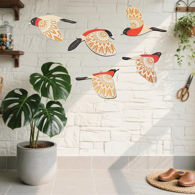 EMINGSKY 5 Pcs Wooden Bird Wall Art Wood Flying Birds Wall Decor Boho Rustic Folk Art Home Decor for Gift Living Room Bedroom Kitchen Office (Orange)