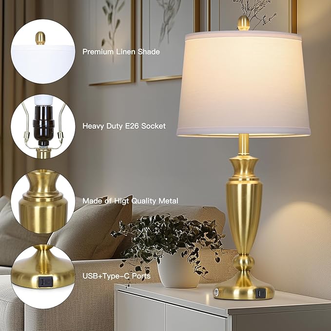 Rinweey 27" Gold Table Lamp Single, Touch Control Modern Bedroom Lamp with USB A+C Ports, 3-Way Metal Bedside Lamp, Elegant Brass Table Lamp for Night Stand Desk Side Table Office (Bulb Inclued)