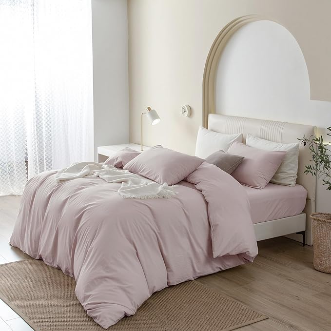 JIYUAN 100% Washed Cotton Duvet Cover Set 3 PCS Super King Plus, 1 Duvet Cover 120"x120" (Comforter Not Included) and 2 Pillowcases,Linen Feel Bedding Set Comfy and Breathable, Heathered Greyish Pink