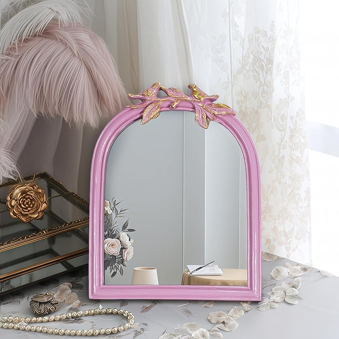 Pink Bird Bow Mirror - 13x10 Inch Elegant Decorative Accent, Wall-Mounted & Tabletop Makeup Mirror for Bedroom Decor
