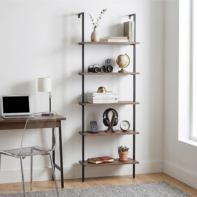 aboxoo Ladder Shelf Open Bookshelf 5-tier Wood Wall-mounted Bookcase Storage Rack Open Back Industrial Modern Plant Flower Stand Utility Organizer Bookcase Metal Frame Furniture Office Kitchen Bedroom