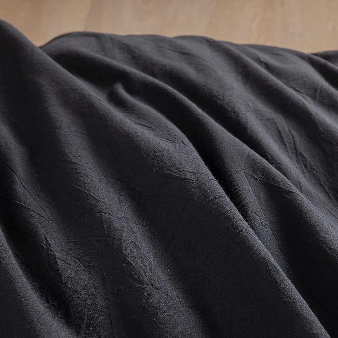 BESTOUCH Duvet Cover Set 100% Washed Cotton Linen Feel Super Soft Comfortable Chic Lightweight 3 PCs Home Bedding Set Solid Deep Black Alaska King