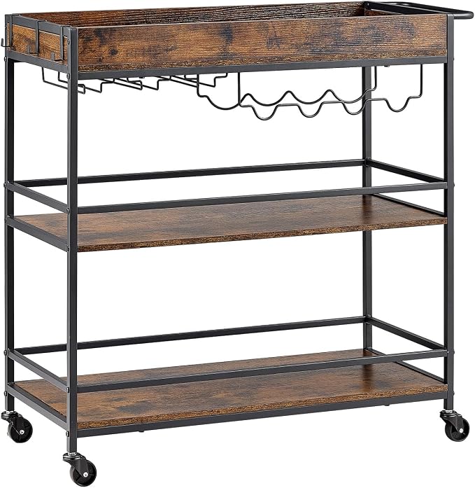 VEVOR Bar Cart, 3 Tiers Home Kitchen Serving Carts, Industrial Rolling Utility Station on Wheel, Mobile Drink Beverage Shelf with Wine Rack & Glass Holder, 34.64x14.17x32.68 in, Rustic Brown and Black
