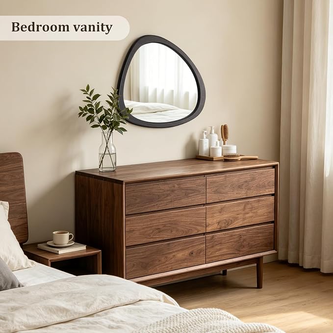 HOMECOOKIN 19" H x 23" Asymmetrical Mirror, Irregular Wooden Wall Mirror for Bedroom, Living Room,Entryway– Mid-Century Modern Decorative Mirror, Solid Wood Frame, Pebble Shaped Design (Dark Brown)