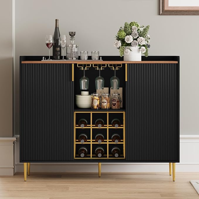 ARTPOWER 48" Wine Bar Cabinet with Fluted Texture, Modern Buffet Sideboard with Wine Rack and Glass Holder, Liquor Coffee Station with Storage for Kitchen, Living Room, Home Bar, Black