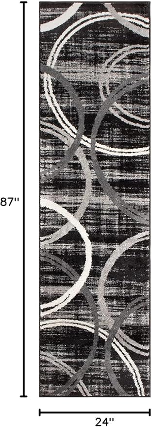 Rugshop Modern Wavy Circles Design Runner Rug, Non-Shedding Carpet for Hallway, Entryway, or Kitchen, Black, 2' x 7'2"