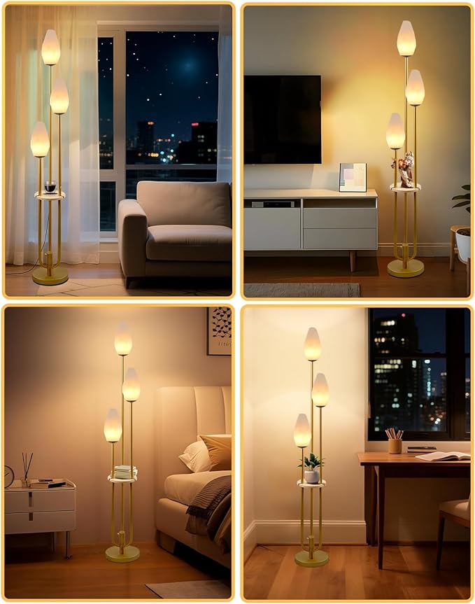 Gold Floor Lamp with Tray, 3-Lights Dimmable Floor Lamps with Rock-Shaped Shade, Unique Candle Holder Style Modern Tall Standing Lamp for Living Room/Party(Bulbs Included)