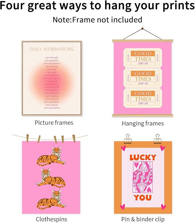 Preppy Wall Art Pink Orange Wall Decor Trendy Canvas Wall Art Aesthetic Pictures Girl Posters Inspirational Daily Affirmation Prints Lucky You Artwork Set of 6 for Dorm Room 8x10 Inch Unframed