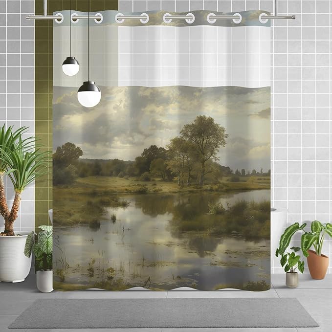 No Hook Shower Curtain with Snap in Liner, Rustic Countryside Landscape Lake Print - Mesh Top Waterproof Bath Tub Curtain Set for Farmhouse Cottage Nature Bathroom Decor, 71W x 74H