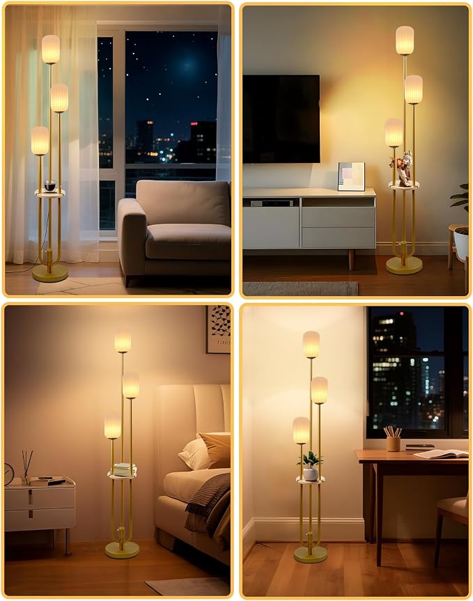 Lightdot Gold Dimmable Floor Lamp with Shelf Modern Floor Lamps with Oval Striped Lampshade 3000K Bulb Included 3-Lights Candle Holder Style Tall Lamp for Living Room/Bedroom/Sofa Beside/Corner Decor