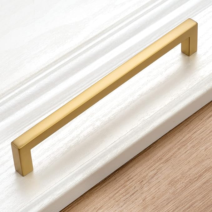 KOOFIZO Solid Square Bar Cabinet Handle - Brushed Gold Furniture Pull, 6.3 Inch/160mm Screwhole Distance, 10-Pack for Kitchen Cupboard Door, Bedroom Dresser Drawer, Bathroom Wardrobe Hardware