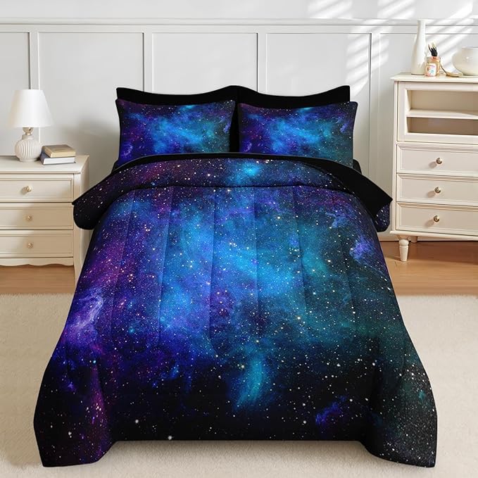 Nesker Comforter Set King Size, Galaxy Retro Star 7 Pcs Bedding for Kids and Adults, Space Science Night Sky Bed Sheet Sets with Fitted Sheet 2 Pillowcases & 2 Shams