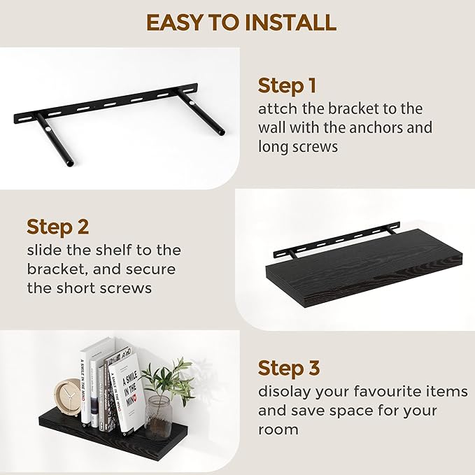 Fun Memories 16 Inch Long Floating Shelves in Black, 9.3 Inch Deep Floating Shelf for Wall, Living Room, Kitchen, Rustic Deep Wood Shelves for Bathroom, 2 Pack Storage Display Shelf for Books, Decor