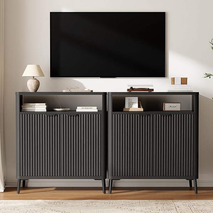 Buffet Sideboard Cabinet with Storage, Fluted Coffee Bar with 2 Doors and Adjustable Shelves, 34'' Modern Wood Cabinet for Dinning Room, Kitchen, Living Room,Coffee Bar (Black Grey)