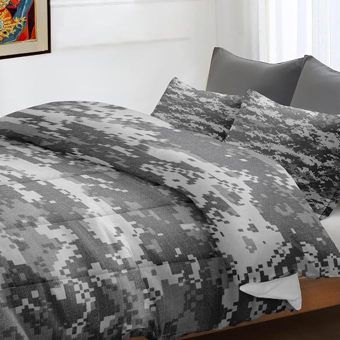 Comforter Set with 2 Pillowcases King Size, Gray Camouflage Digital Camo Army Military, Bed Decor Grey Navy Brown Us Black White for Kids and Adults, Soft Cozy Bedroom Bedding Set
