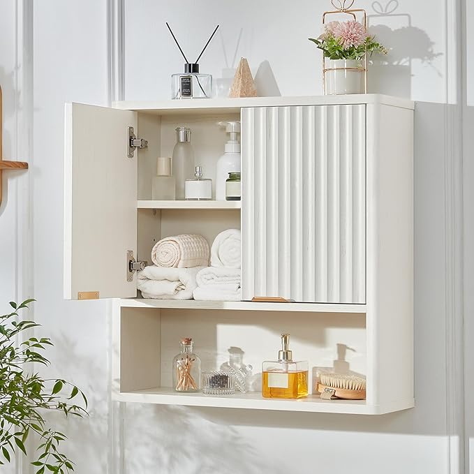 LEYAOYAO Fluted Bathroom Wall Cabinet, Wall-Mounted Medicine Cabinet with Adjustable Shelf & Doors, Farmhouse Floating Over The Toilet Storage Cabinets for Laundry Room, Kitchen, Living Room (White)