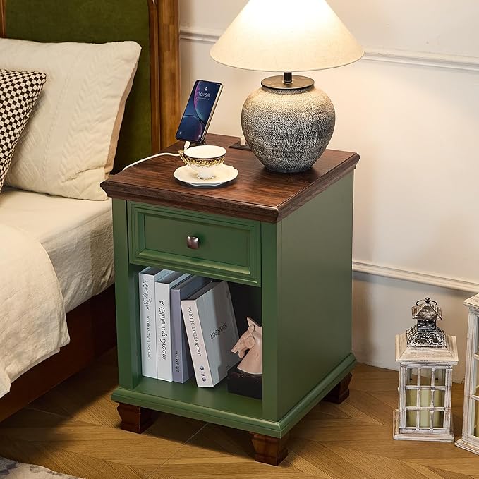 Farmhouse End Tables Living Room with Drawer, Rustic Wood Nightstand with Charging Station, Bedside Table with Open Shelf for Bed Room, Living Room, Green