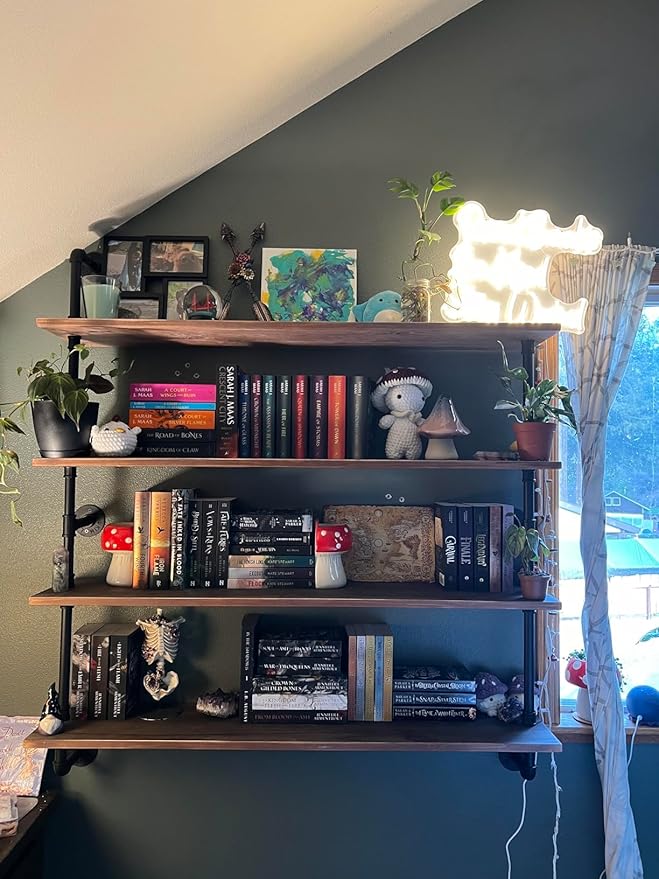 HDDFER Floating Bookshelf Shelves Industrial Pipe Shelving Floating Pipe Shelf with Wood Planks 48 inch Industrial Wall Shelves Rustic Hanging Bookshelf Farmhouse Kitchen Shelving