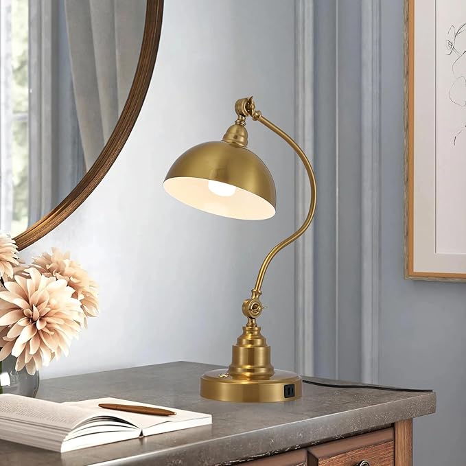 Vintage Brass Gold Color Desk Lamp Decorative Table Lamp for Home Office Living Room Bedroom Desk Light, Rustic Industrial Farmhouse Antique Library Study Desk Lamp E26 LED Bulb Included