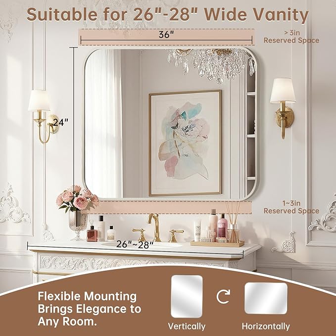 Brushed Nickel Mirror, 24"x36" Rectangle Bathroom Mirror, Metal Frame Rectangle Corner Vanity Mirror, Wall Mounted Mirror for Modern, Living Room, Bedroom, Horizontal Or Vertical