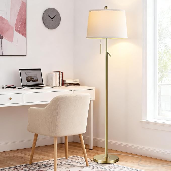Gold Floor Lamp for Living Room, Modern Standing Lamp 55-67" Height Adjustable Brass Tall Floor Lamp with Pull Chain Switch and 3 CCT LED Blub for Living Room, Bedroom, Office & Corner Reading
